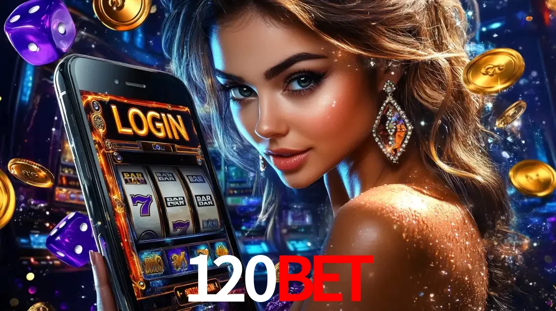 Mulher glamorosa segurando um smartphone com a tela de login para os jogos de caça-níqueis do cassino online 120BET, com moedas de ouro e dados ao redor.